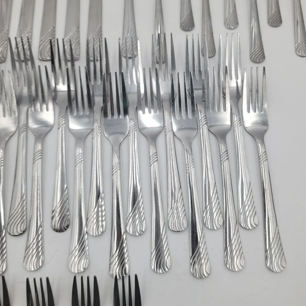 50pc Pfaltzgraff PFF100 Stainless Flatware Swirl Pattern Silverware